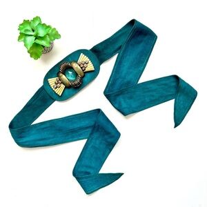 Vintage Laise Adzer Blue Suede Leather Wide Art Deco Belt Boho Chic Statement